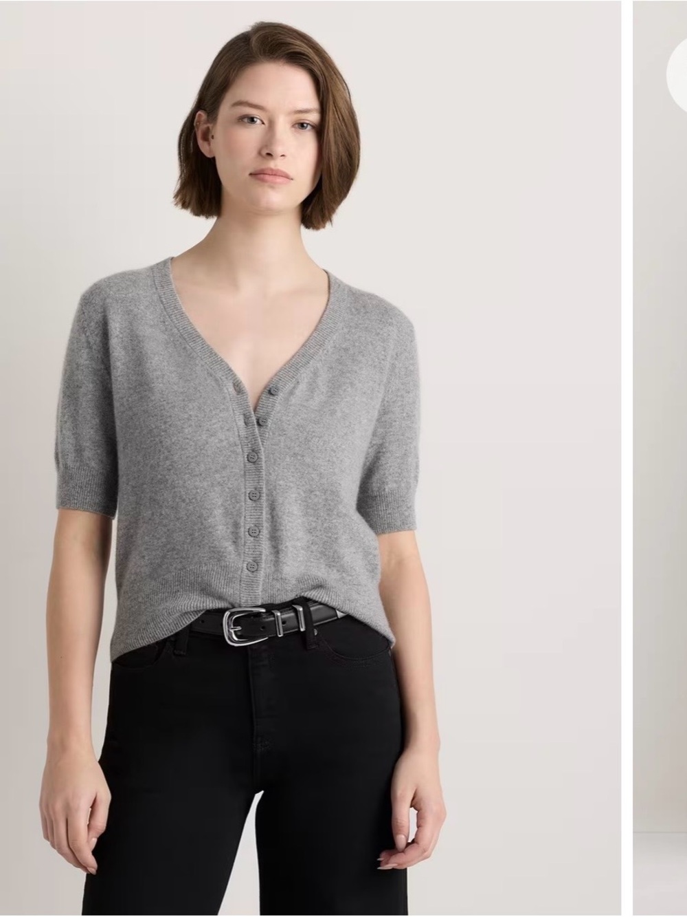 Quince blue  V-Neck Short Sleeve Button Cardigan